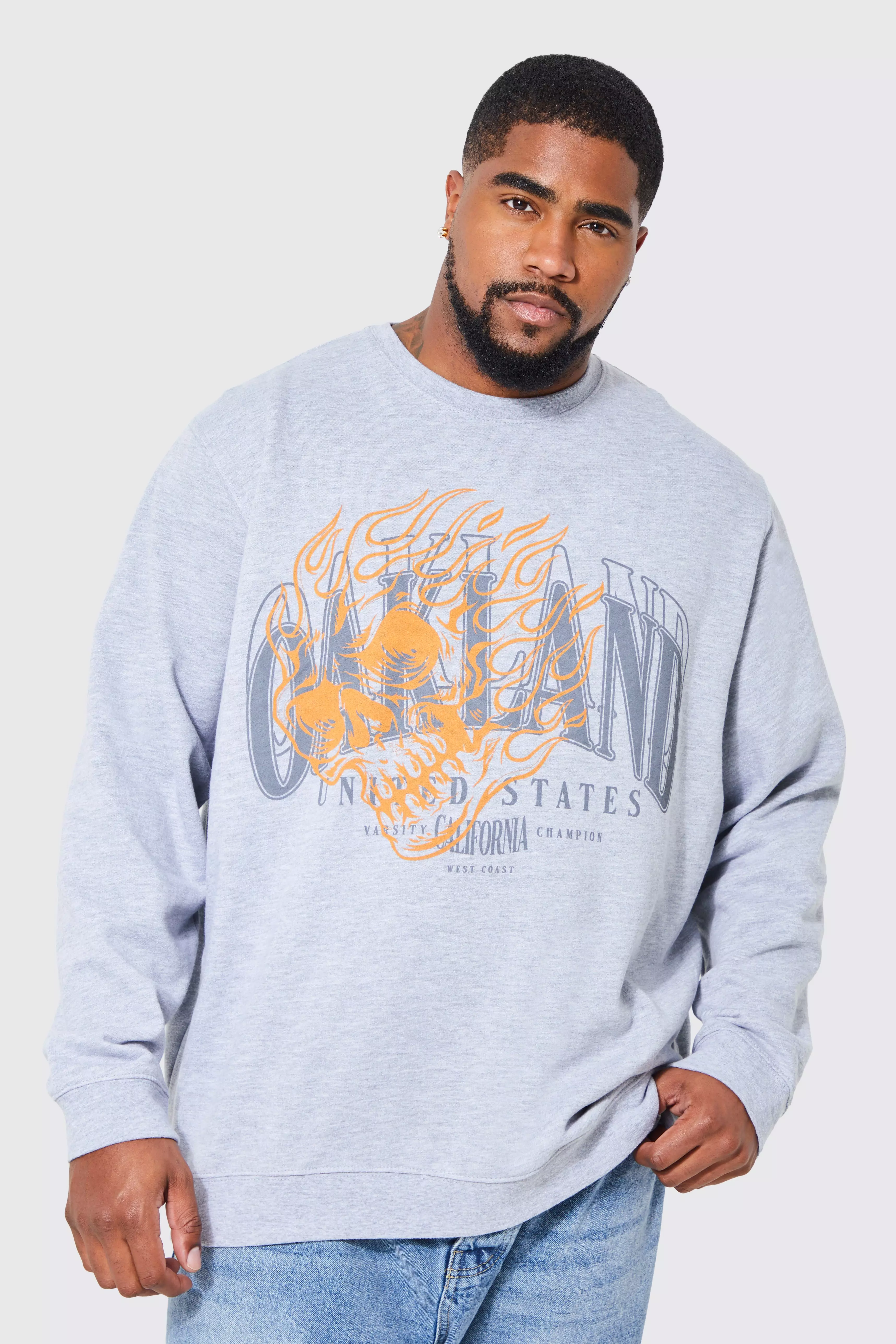 Plus Flame Skull Graphic Sweatshirt boohooMAN USA
